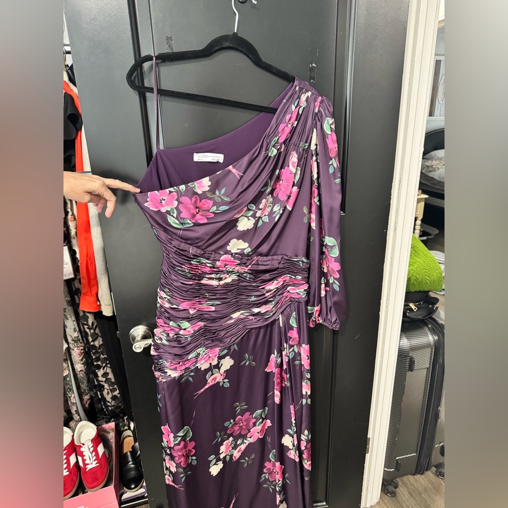 Adrianna Papell Purple Floral One-Shoulder Evening Dress